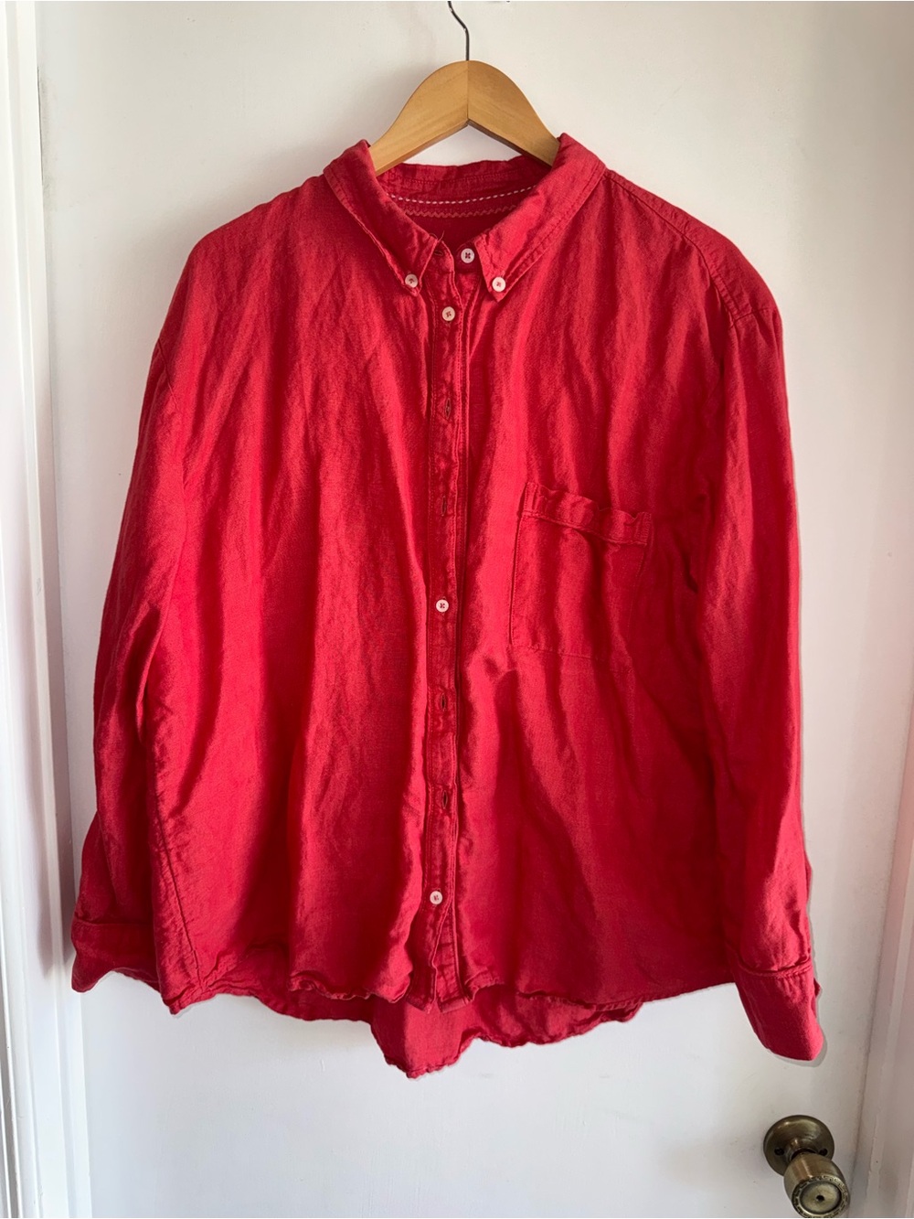 Maeve by Anthropologie linen-blend button-down shirt in a vibrant coral red.